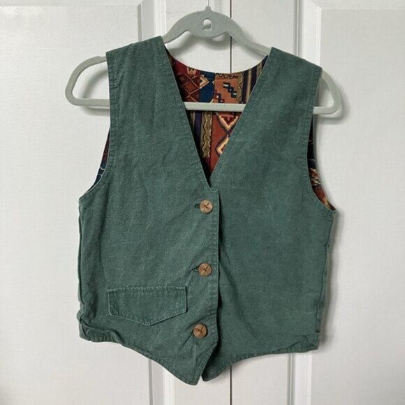 Vintage Reversible Vest Womens XS Green Canvas Funky 90s Abstract Artsy Top - Picture 2 of 7